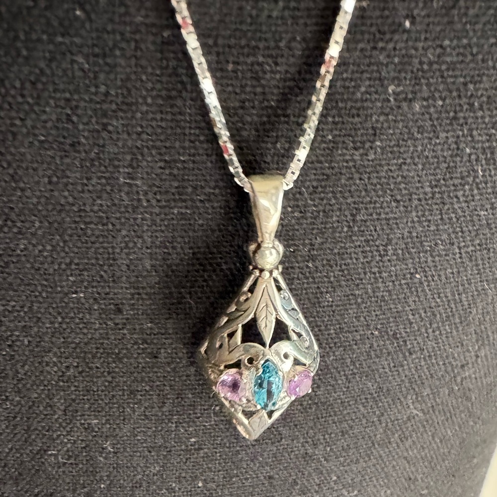 Sterling Silver Pendant Necklace Amethyst & Aquamarine